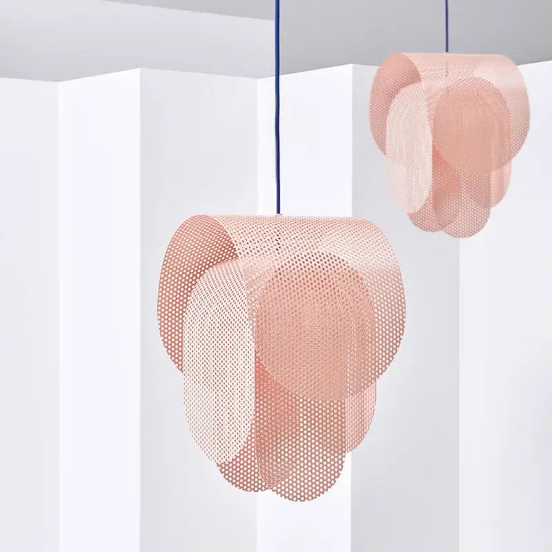Delicate blush pink perforated metal fishing net pendant light with layered cloud shapes for decorbites kids room