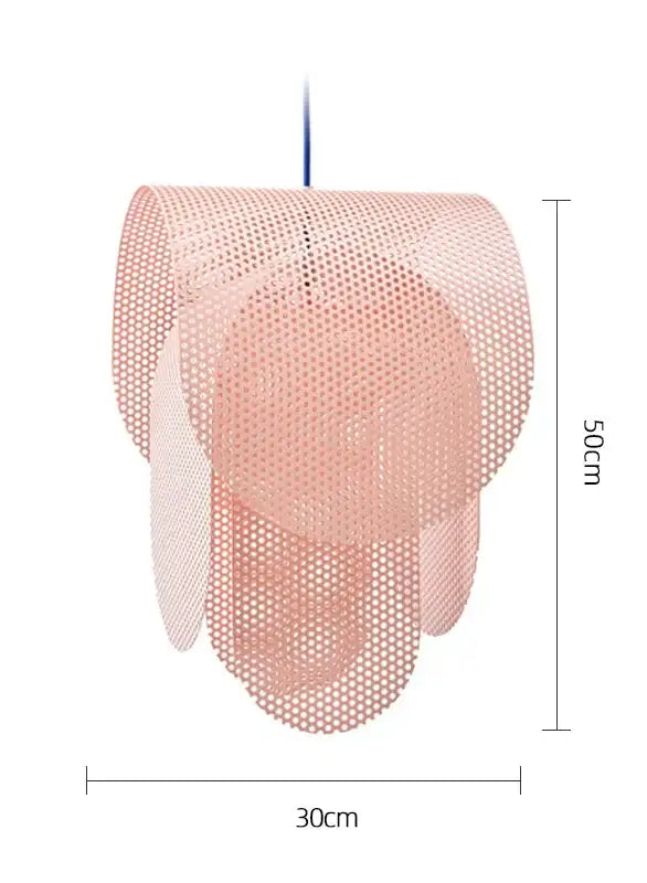 A blush-pink perforated metal fishing net pendant light with layered petals for decorbites kids room decor