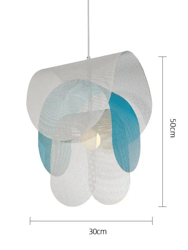 A modern pastel mesh fishing net pendant light with layered translucent soft white and teal shades for decorbites kids room