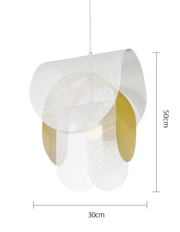 A modern pendant light with white mesh fabric and gold accents in layered circles for decorbites kids room fishing net decor