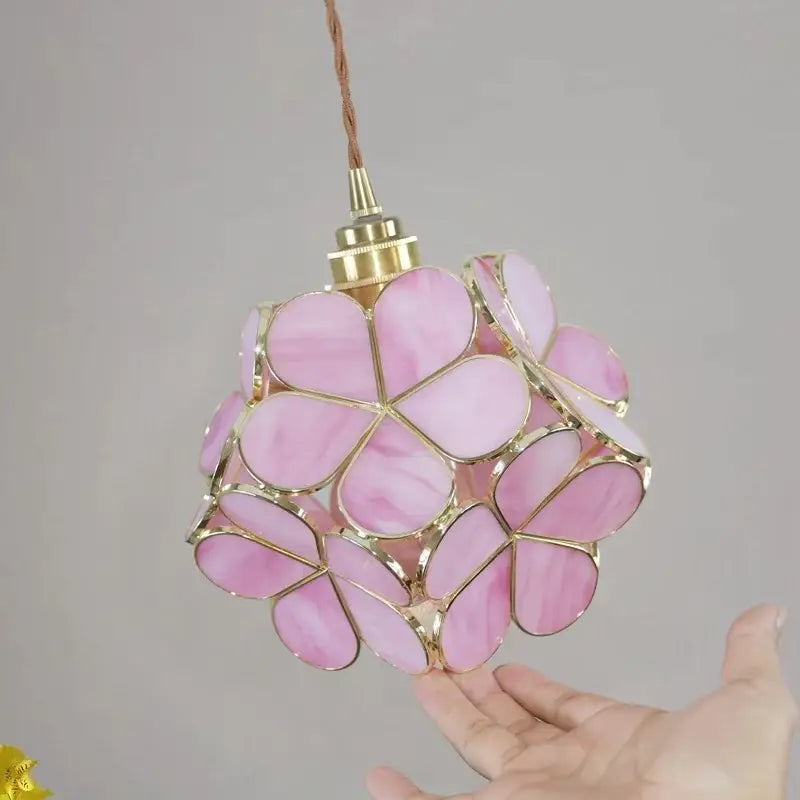Modern pastel petal pink cherry blossom pendant lights with gold-toned metal and braided cord for decorbites colorful glass led decor