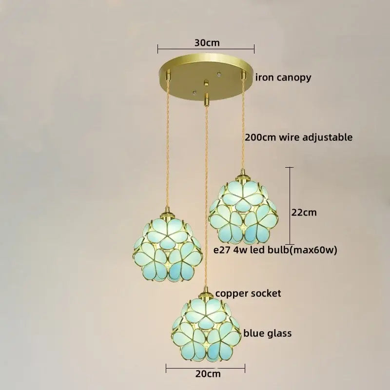 Modern pastel petal colorful glass led pendant lights with three-tiered blue glass shades and brass iron canopy for dining room decorbites colorful glass