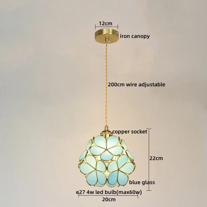 Modern pastel petal colorful glass led pendant light with blue mosaic flower design and adjustable copper wire suspension