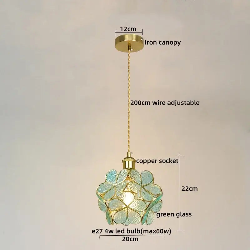 Modern pastel petal colorful glass led pendant lights featuring a delicate green glass floral design with iron canopy and copper socket