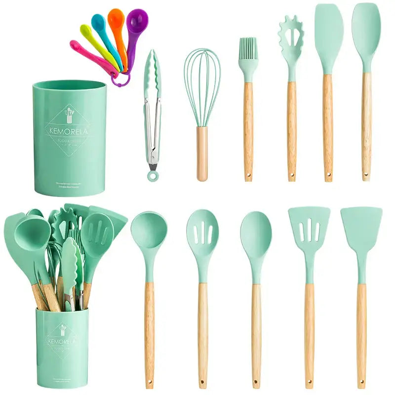 Modern pastel silicone kitchen utensil set with mint green silicone and wooden handles including spoons spatulas tongs and whisk