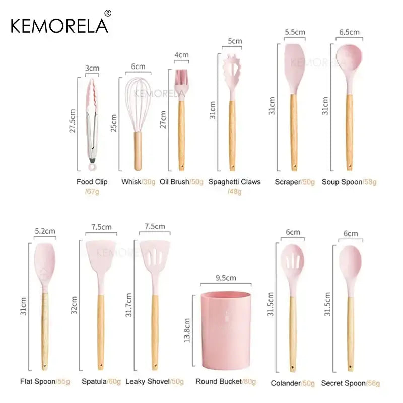 Modern pastel silicone kitchen utensil set with pink silicone tools and wooden handles including spatulas spoons and whisks