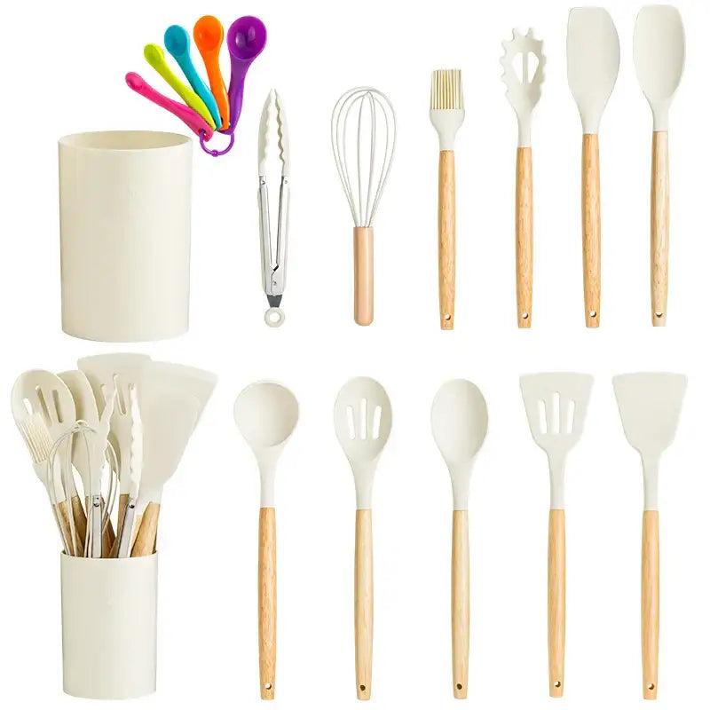 Set of modern pastel silicone kitchen utensil set with wooden handles including spoons spatulas whisk tongs and measuring cups