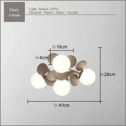 Modern grey pendant light with four pastel spherical frost glass bulbs and metal frame for decorbites frost glass ceiling use