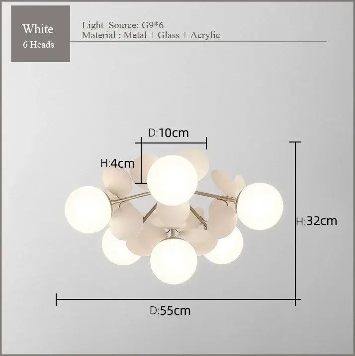 Modern white glass ceiling chandelier with six spherical frost glass light heads for bedroom decorbites frost glass