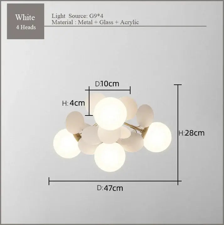 Modern pastel spherical frost glass ceiling chandelier with white spherical pendant and four g9 bulbs made of metal glass and acrylic