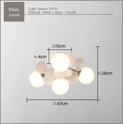 Modern pastel spherical frost glass ceiling chandelier with white spherical pendant and four g9 bulbs made of metal glass and acrylic