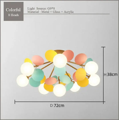 Modern pastel spherical frost glass ceiling chandelier with eight colorful glass and acrylic shades on metallic frame