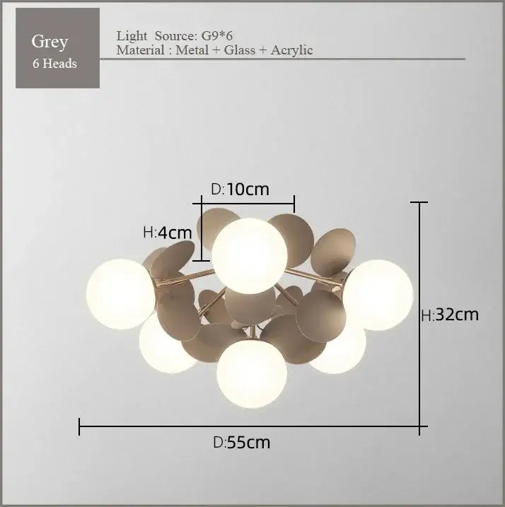 Modern grey glass ceiling chandelier with six frost glass globes and metallic leaf accents for bedroom decorbites frost glass