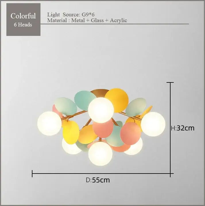A modern pastel spherical frost glass ceiling chandelier with six colorful light heads in yellow pink and mint green made of metal glass and acrylic