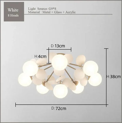 Modern pastel spherical frost glass ceiling chandelier with eight white spherical heads made of metal, glass, and acrylic