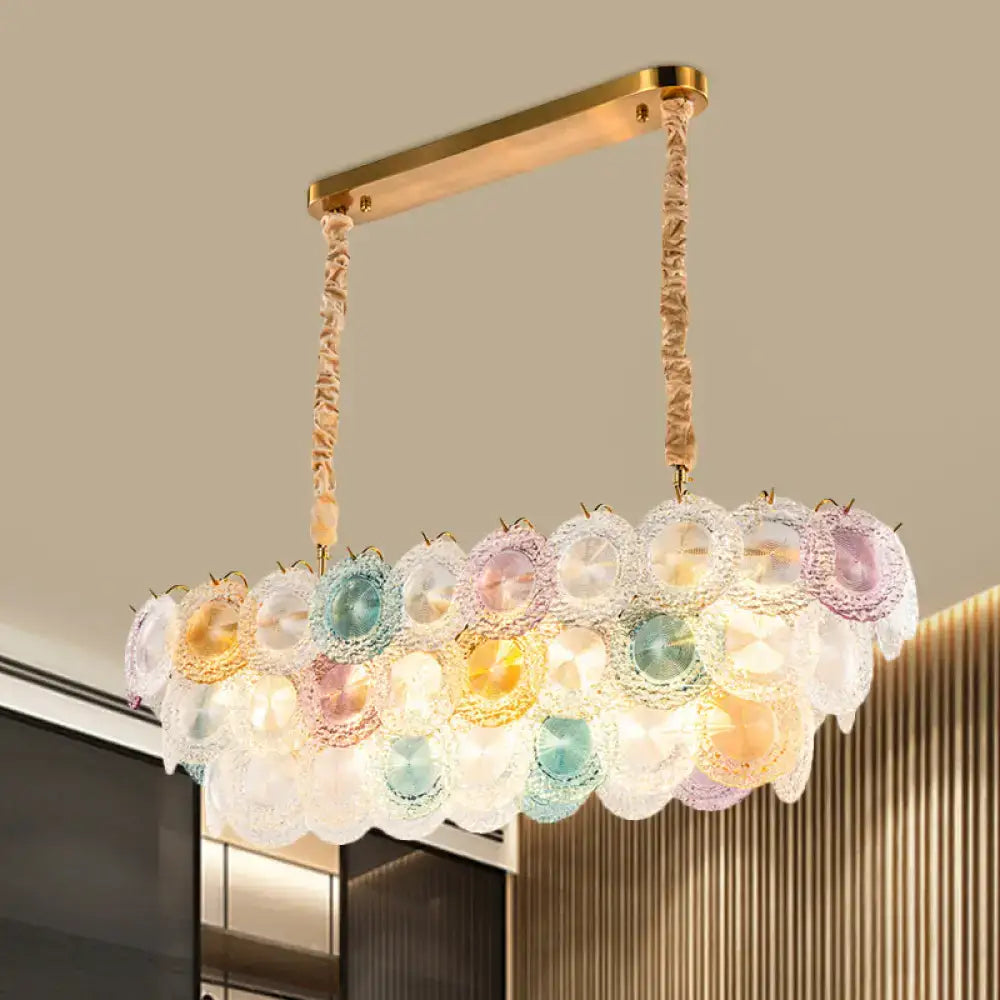 DecorBites™ pastel glass shell stained glass billiard light with gold metal frame and braided rope suspension for modern island chandelier