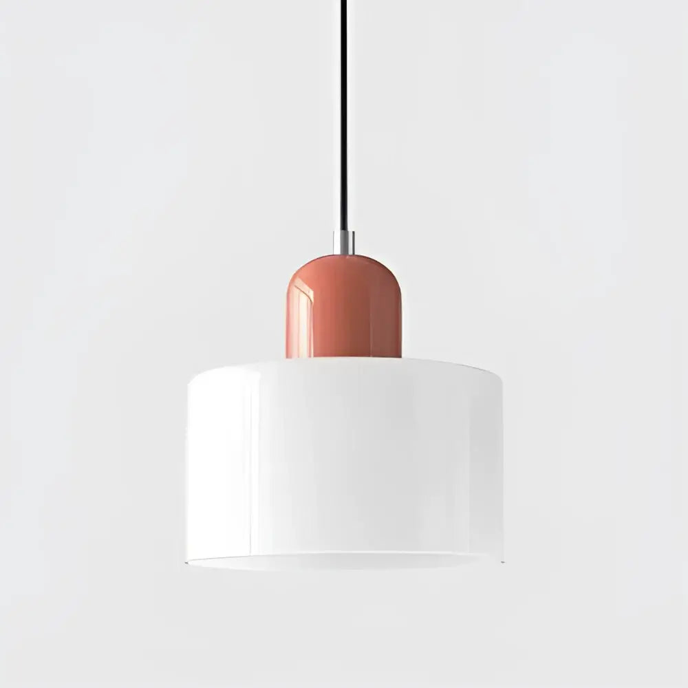 Minimalist modern pendant light with glossy terracotta stained glass top and translucent white glass shade in cord pendant set