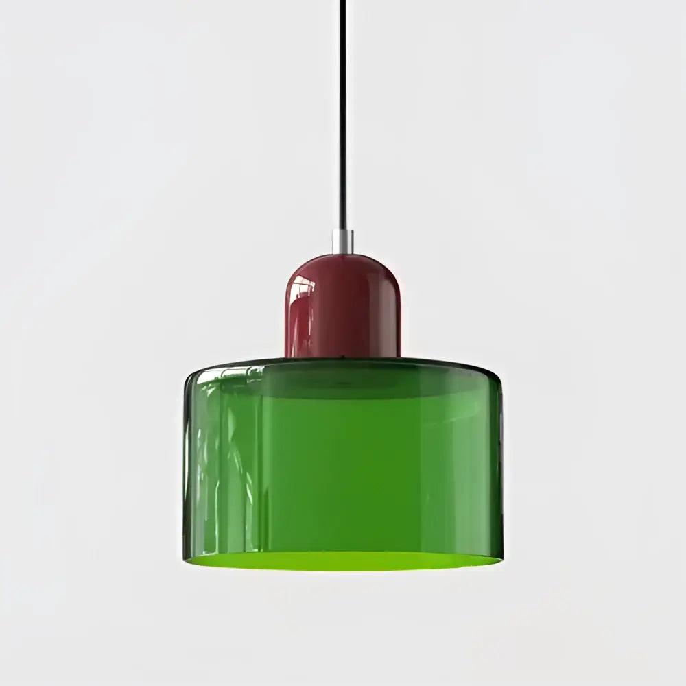 Modern pastel stained glass cord pendant set with vibrant green glass shade and glossy red metallic top pendant light