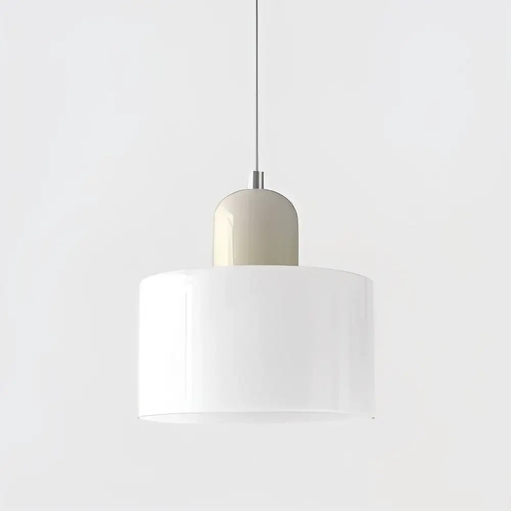 Minimalist pendant light with white cylindrical shade and beige ceramic top suspended by metallic cord pendant for kitchen