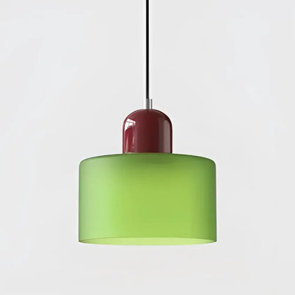 Modern pastel stained glass cord pendant light set featuring a vibrant green frosted glass shade and glossy red top