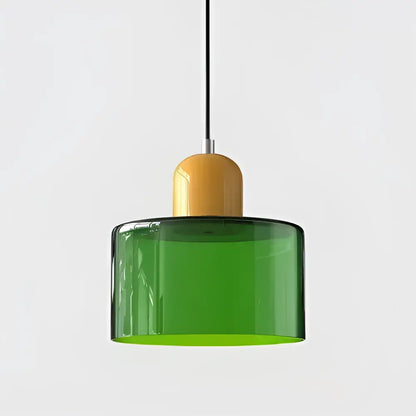 Modern pastel stained glass green pendant light with yellow wooden top cord pendant set for kitchen lighting