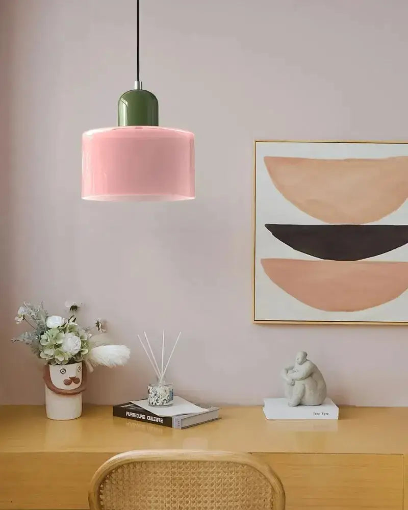Modern pendant light with matte pink cylindrical shade and glossy green top in stained glass cord pendant kitchen set of 4