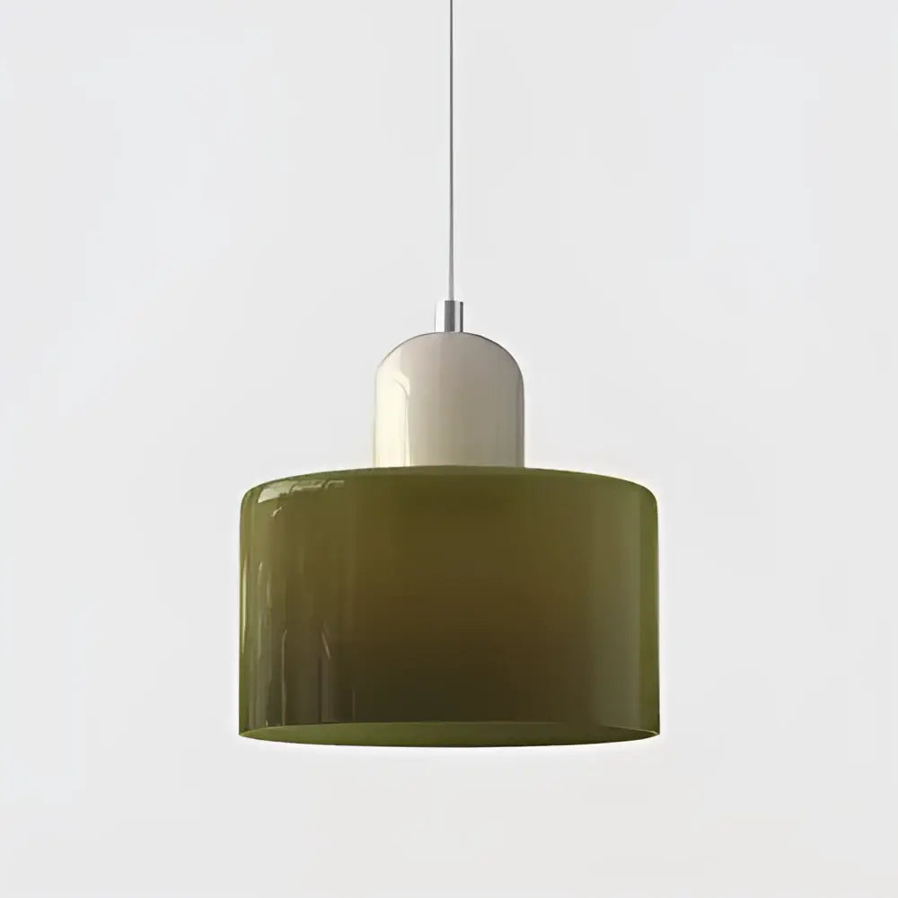 Modern olive-green stained glass pendant light with white ceramic top and metallic suspension cord pendant for kitchens