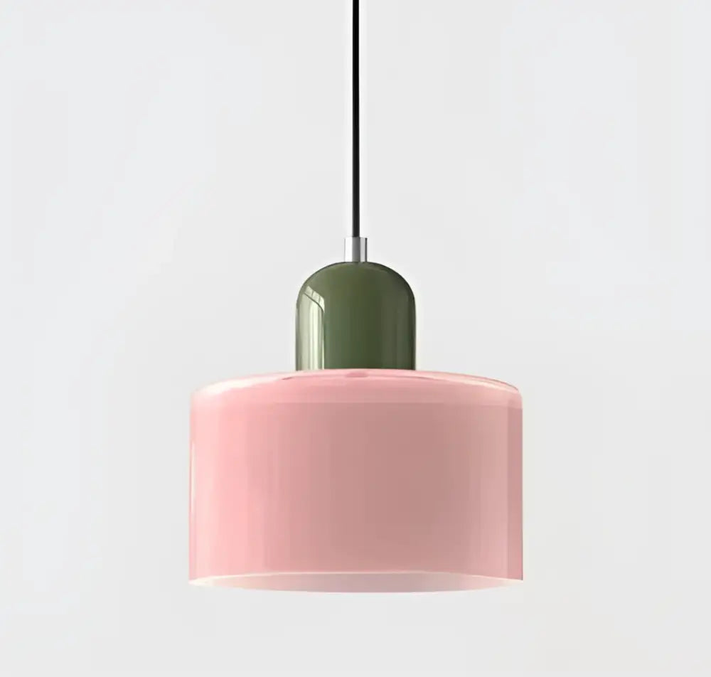 Pink cylindrical pendant light with matte olive green top cap stained glass cord pendant for kitchen lighting