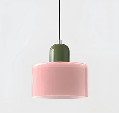 Pink cylindrical pendant light with matte olive green top cap stained glass cord pendant for kitchen lighting