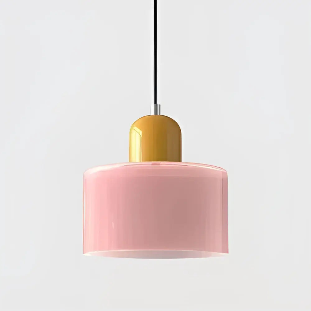 Pastel pink cylindrical pendant light with matte yellow top cap and black cord in stained glass cord pendant kitchen set of 4