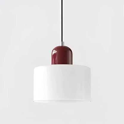 A sleek modern cord pendant light with a glossy burgundy stained glass top and translucent white shade for kitchen use