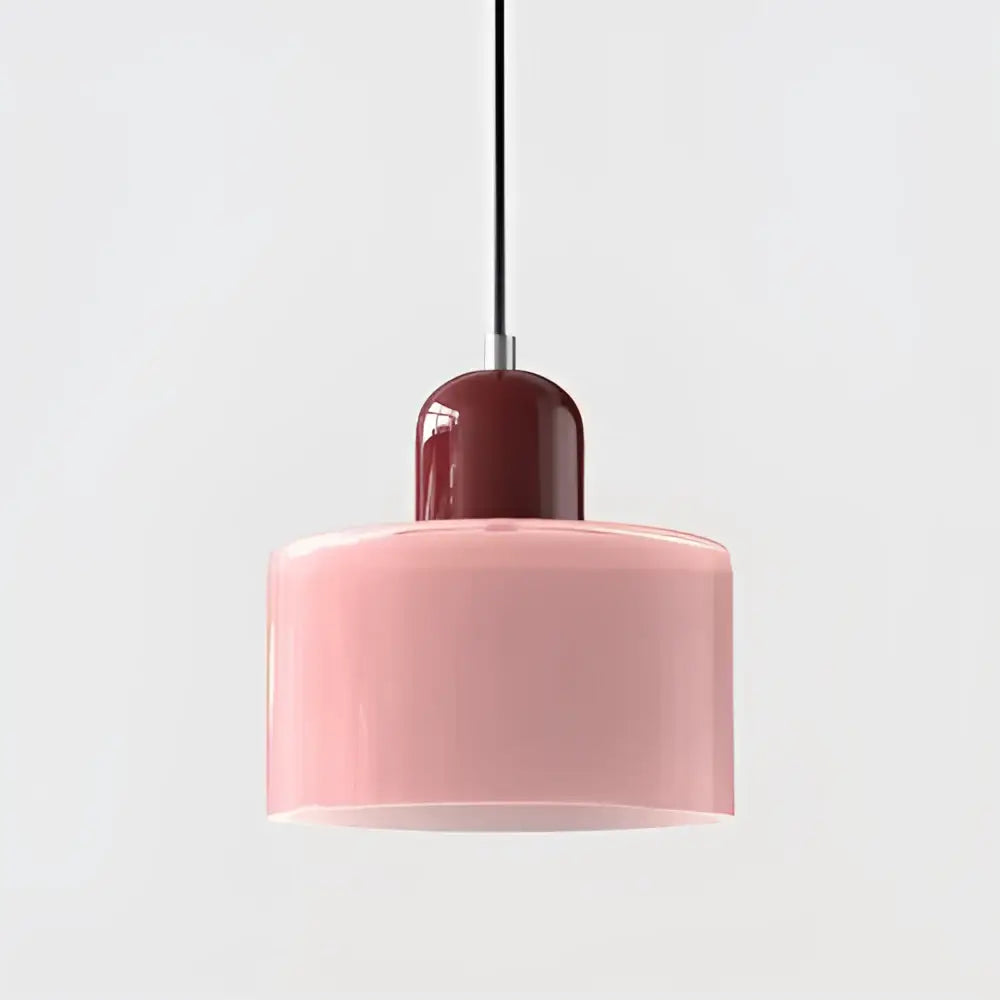 Modern pastel stained glass cord pendant light set of 4 with soft pink cylindrical shade and glossy burgundy top cap