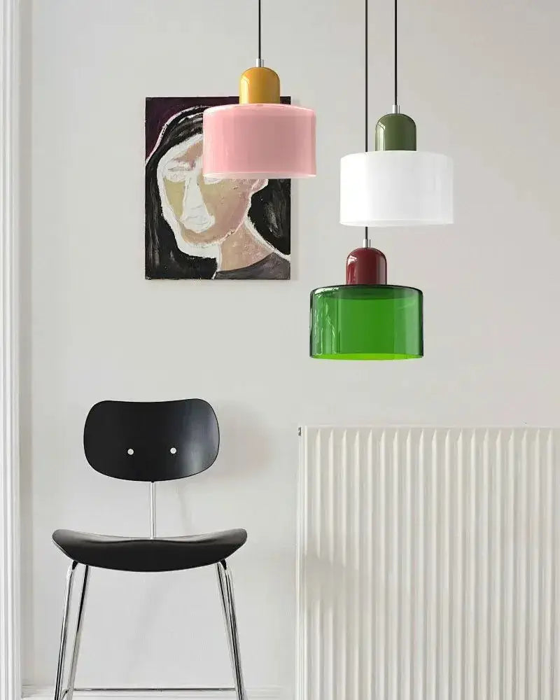 Three colorful pastel stained glass cord pendant lights with glossy finish for modern kitchen lighting