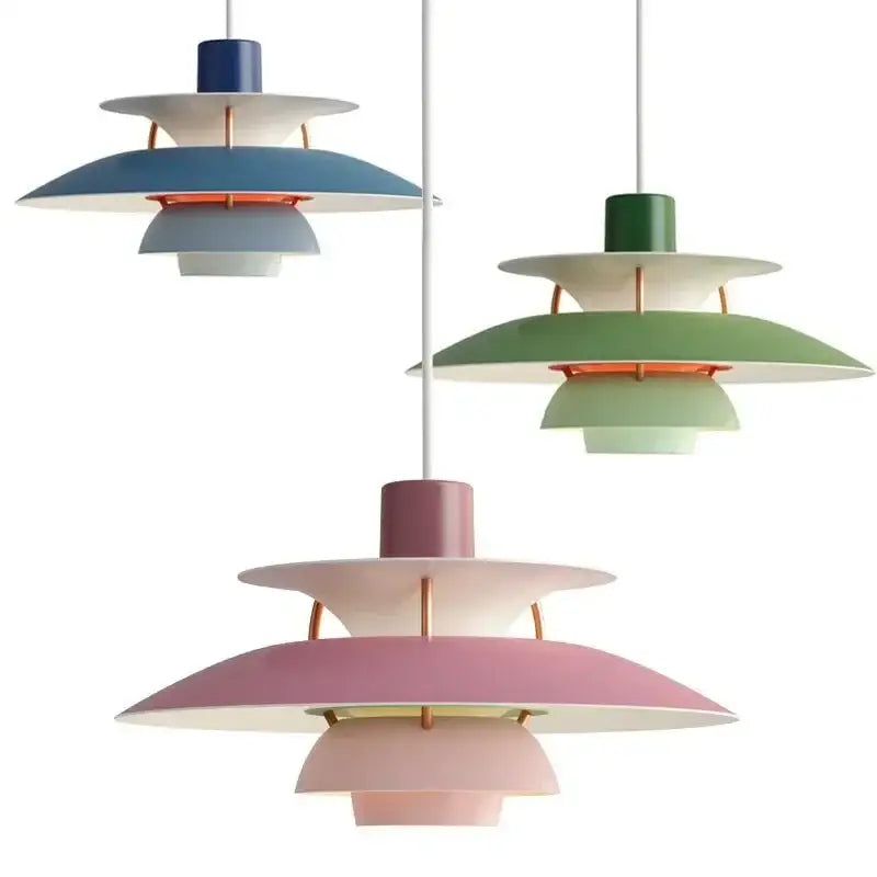 Pastel-colored tiered led chandelier pendant light with modern layered design and copper accents for kitchen decor