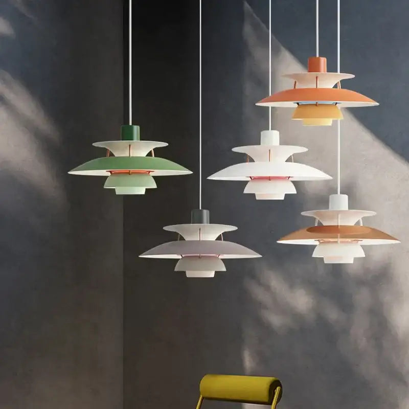 Modern pastel tiered led chandelier pendant light with sleek metallic finish in green white and peach for kitchen decor