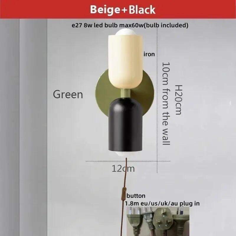 Beige and black modern decorbites led wall sconce with green circular backplate iron base and frosted glass shade