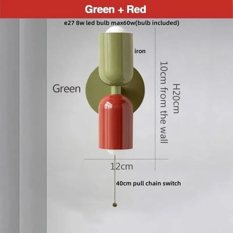 Green and red two-toned iron wall sconce with pull chain switch for bedroom decorbites led wall lights modern peach cream design