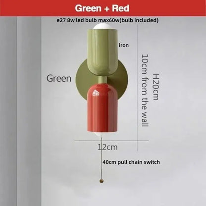 Green and red two-toned iron wall sconce with pull chain switch for bedroom decorbites led wall lights modern peach cream design