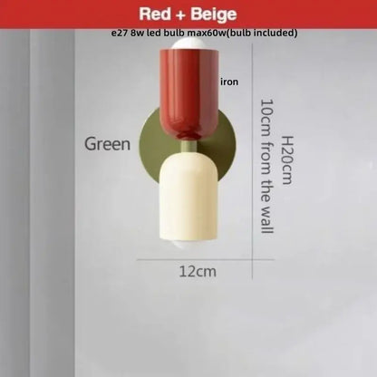 Modern peach and cream led wall lights with red and beige two toned shade and matte iron backplate by decorbites led wall