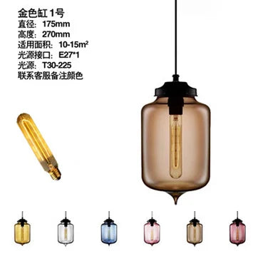 Golden amber glass modern pendant light with vintage filament bulb and black metal fixture for bedroom or dining room