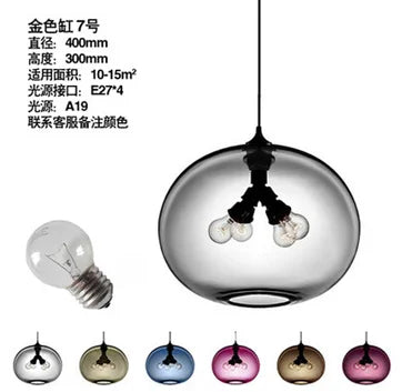 Modern pendant lights with a transparent glass globe and three exposed bulbs in a black metal fixture for dining room use