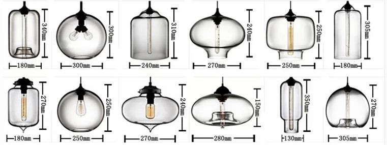 Set of ten modern pendant lights with multicolored clear and frosted glass shades for bedroom and dining room decor