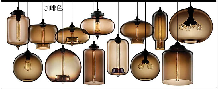 A collection of modern pendant lights with coffee-colored glass and exposed filament bulbs for bedroom and loft decor