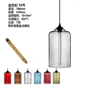 Clear glass modern pendant light with gold-toned metal fixture featuring a visible bulb for bedroom or dining room decor