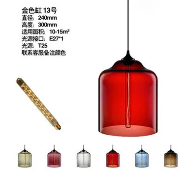Red glass modern pendant light with cylindrical design and visible filament bulb for bedroom and dining room decor