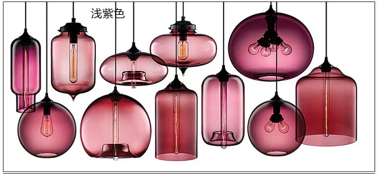 A collection of modern pendant lights with soft purple glass shades and black metal fixtures for bedroom and dining room