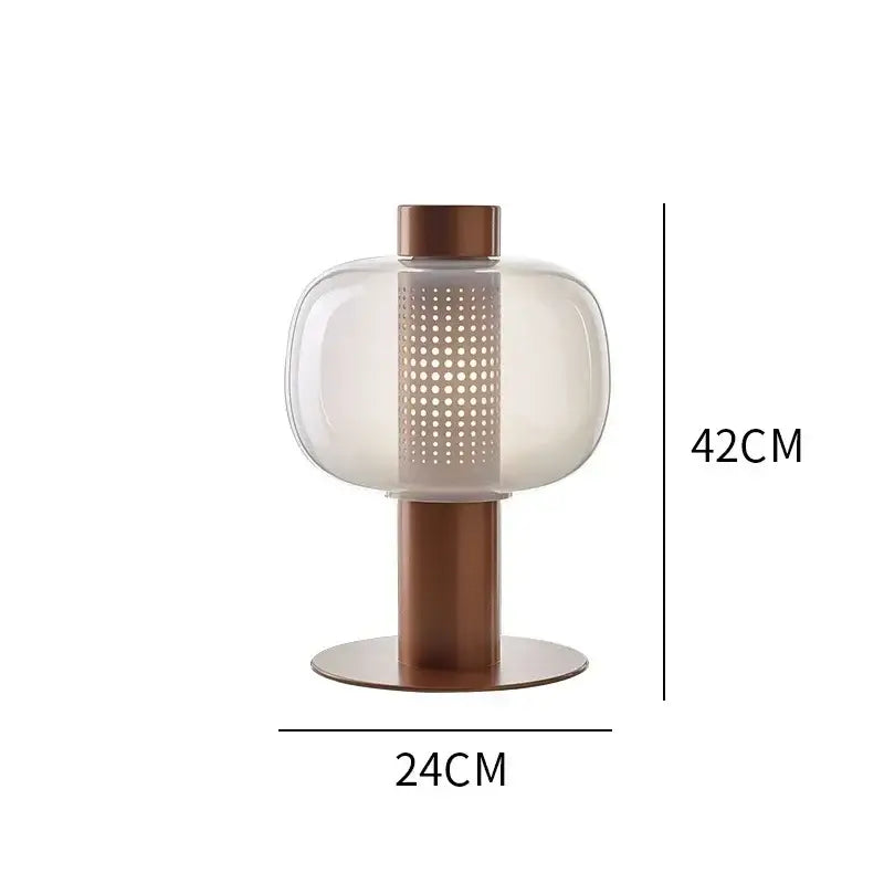 Modern glass table lamp with a frosted globe, perforated panel, and copper base ideal for bedroom and living room decorbites table lamp