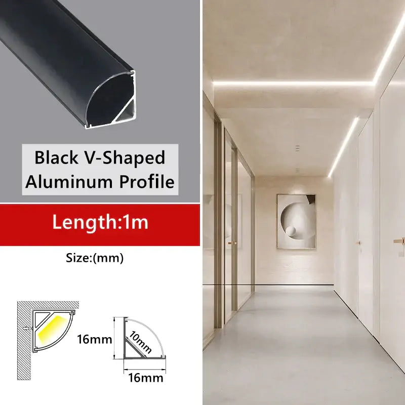 Modern perforated silver led aluminum profile featuring a black v-shaped aluminum profile 1 meter long with 16mm and 10mm dimensions
