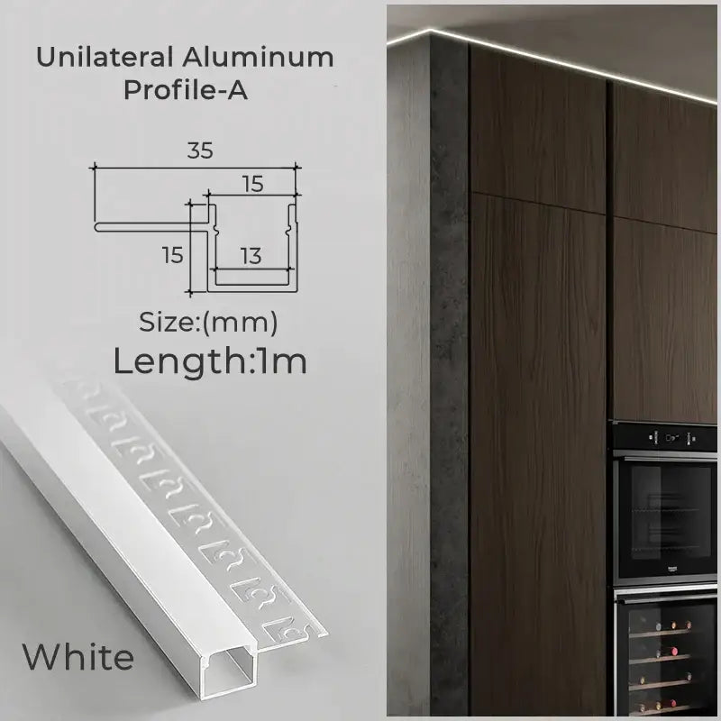 White unilateral aluminum profile trim 35mm wide 1m length for modern cabinetry in led aluminum profile lighting track