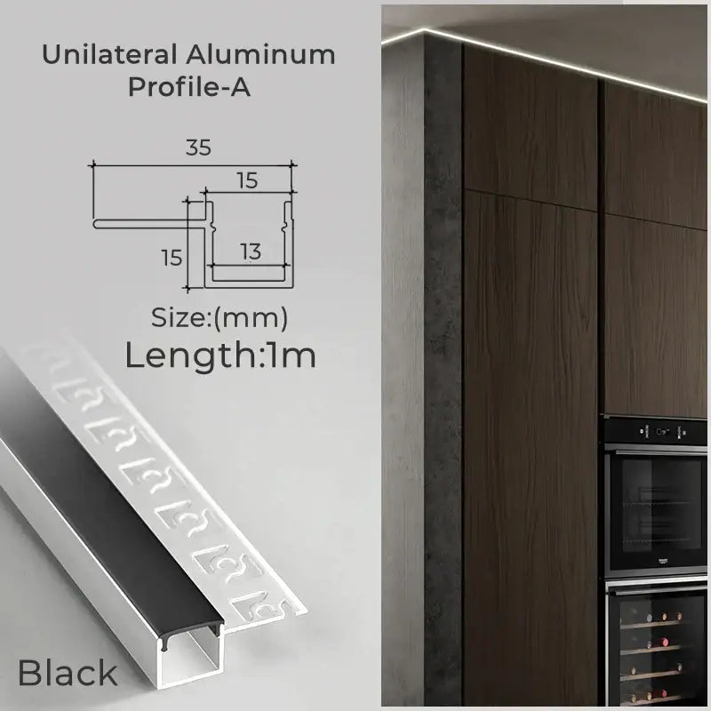 Black unilateral aluminum profile A with sleek modern design and 35mm length for modern perforated silver led aluminum profile living room light track